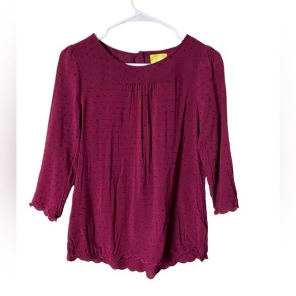 Anthropologie Maeve Women’s  Swiss Dot Blouse Size‎ 4 Maroon Scalloped Edge - Picture 1 of 10